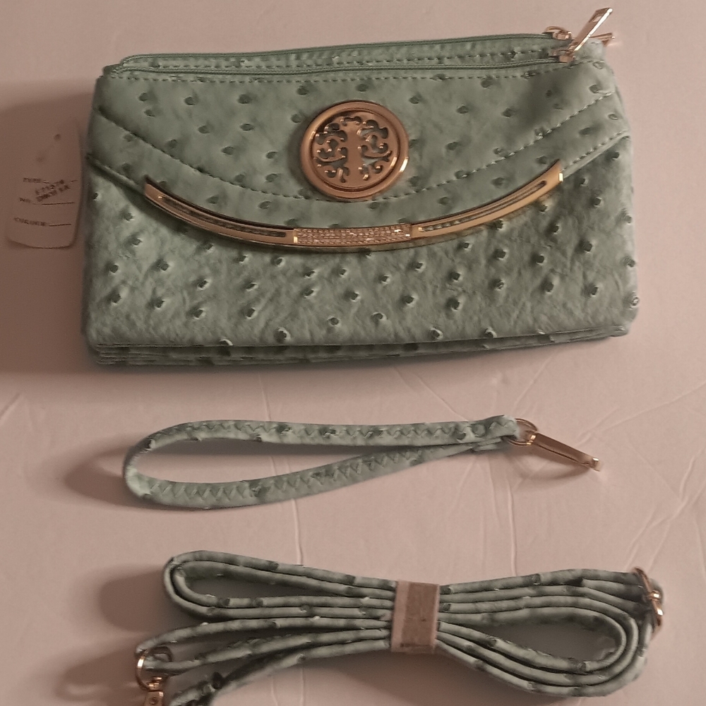 Women's Ostrich Crossbody/Wristlet Bag, Green - Picture 2 of 7